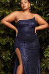 Plus Size Strapless Natural Waistline Mermaid Sleeveless Floor Length Slit Fitted Sequined Asymmetric Evening Dress