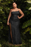 Plus Size Strapless Natural Waistline Mermaid Sleeveless Fitted Slit Sequined Asymmetric Floor Length Evening Dress