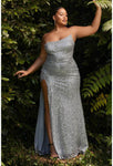 Plus Size Strapless Sequined Fitted Slit Asymmetric Floor Length Mermaid Sleeveless Natural Waistline Evening Dress