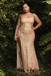 Plus Size Strapless Mermaid Sleeveless Floor Length Natural Waistline Sequined Asymmetric Slit Fitted Evening Dress