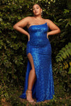 Plus Size Strapless Floor Length Asymmetric Sequined Fitted Slit Natural Waistline Mermaid Sleeveless Evening Dress