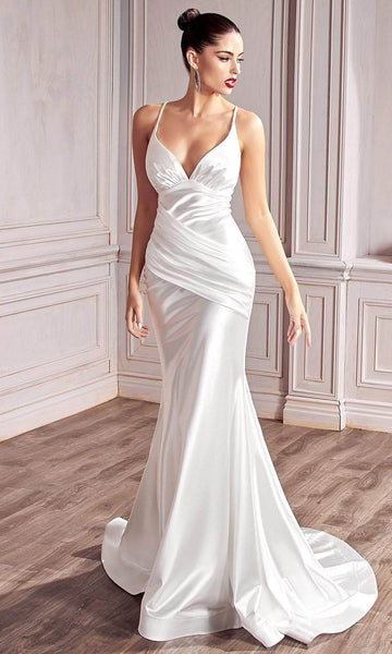 V-neck Floor Length Short Satin Open-Back Gathered Pleated Empire Waistline Plunging Neck Sleeveless Mermaid Homecoming Dress/Prom Dress/Wedding Dress with a Chapel Train with a Brush/Sweep Train