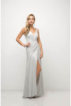 V-neck Sleeveless Sheath Slit Back Zipper V Back Ruched Floor Length Sheath Dress with a Brush/Sweep Train