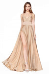 A-line Satin Natural Waistline Plunging Neck Sweetheart Slit Open-Back Fitted Sheer Spaghetti Strap Floor Length Dress with a Brush/Sweep Train