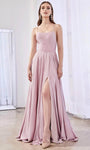 A-line Scoop Neck Spaghetti Strap Floor Length Fitted Lace-Up Slit Satin Empire Waistline Prom Dress