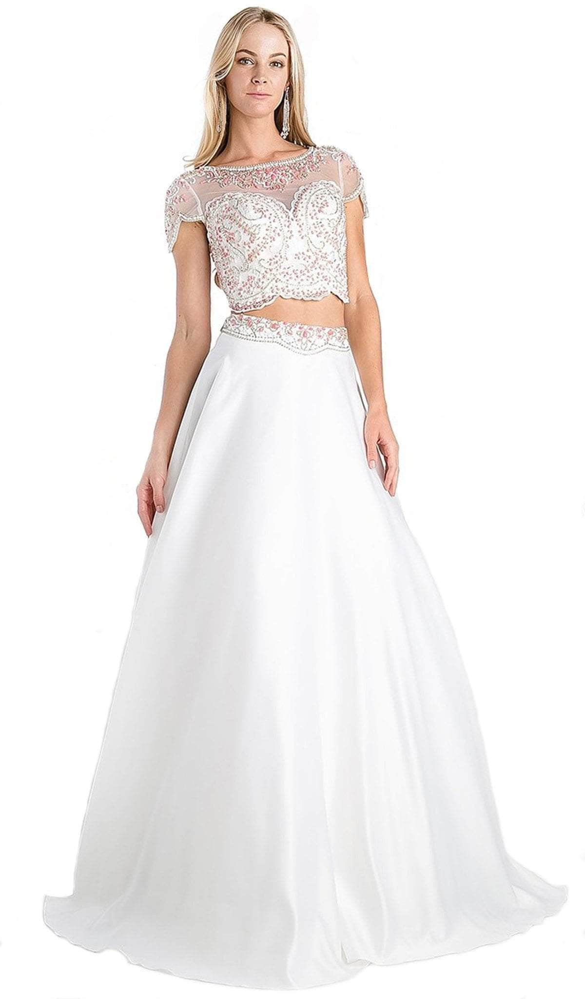 Ladivine CK35 - Lace Cap Sleeve Two-Piece Satin A-line Gown
