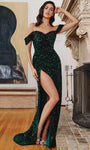 Sexy Off the Shoulder Shirred Sequined Gathered Slit Sheath Natural Waistline Sweetheart Velvet Sheath Dress/Evening Dress with a Brush/Sweep Train