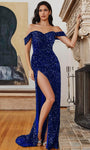 Sexy Natural Waistline Sheath Sweetheart Off the Shoulder Velvet Shirred Gathered Slit Sequined Sheath Dress/Evening Dress with a Brush/Sweep Train