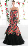 Strapless Tulle Floral Print Fitted Self Tie Lace-Up Sweetheart Mermaid Floor Length Natural Waistline Evening Dress with a Brush/Sweep Train