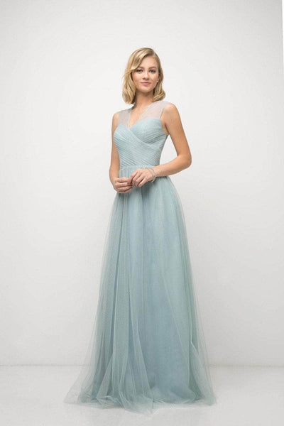 Sophisticated A-line V-neck Tulle Cap Sleeves Sleeveless Back Zipper Pleated Sheer Goddess Illusion Floor Length Natural Waistline Bridesmaid Dress/Party Dress/Wedding Dress