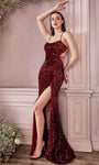 Floor Length Sheath Sleeveless Spaghetti Strap Open-Back Cutout Sequined Gathered Slit Scoop Neck Natural Waistline Lace Sheath Dress/Evening Dress with a Brush/Sweep Train