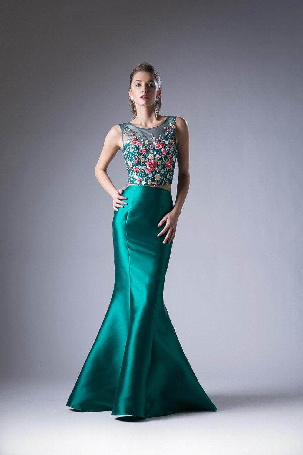 Ladivine HW03 - Floral Appliqued Two Piece Mermaid Gown
