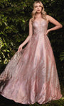 A-line V-neck Mesh Glittering Beaded Back Zipper Natural Waistline Floral Print Ball Gown Dress
