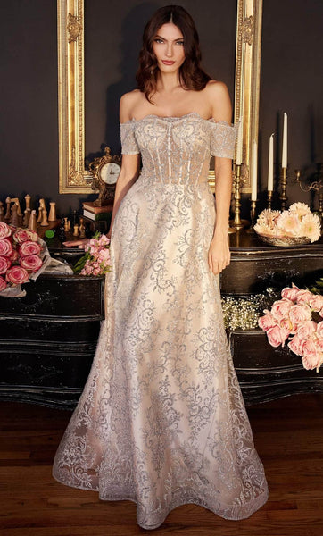 A-line Lace Trim Short Sleeves Sleeves Off the Shoulder Floor Length Illusion Glittering Corset Natural Waistline General Print Prom Dress with a Brush/Sweep Train