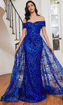 A-line V-neck Off the Shoulder Tulle Mermaid Natural Waistline General Print Glittering Evening Dress with a Brush/Sweep Train