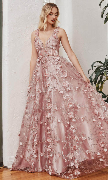 Sophisticated A-line V-neck Floral Print Corset Natural Waistline Sleeveless Glittering Open-Back Applique Plunging Neck Prom Dress with a Brush/Sweep Train