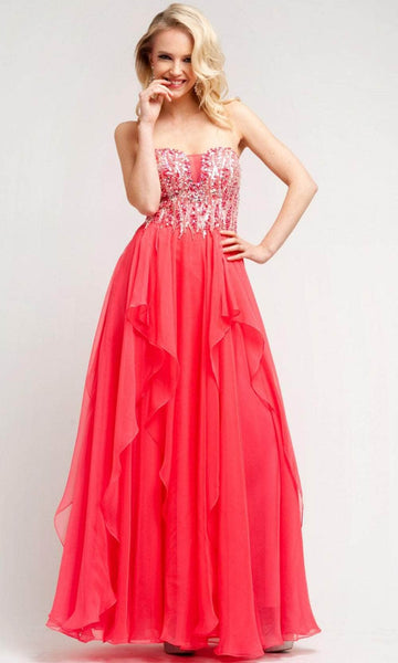 A-line Strapless Floor Length Sweetheart Natural Waistline Fitted Sheer Tiered Beaded Flowy Chiffon Dress