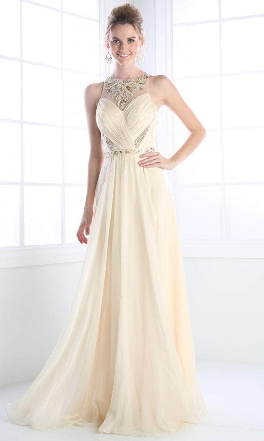Ladivine JC3373 - Crystal Adorned Pleated Long Dress
