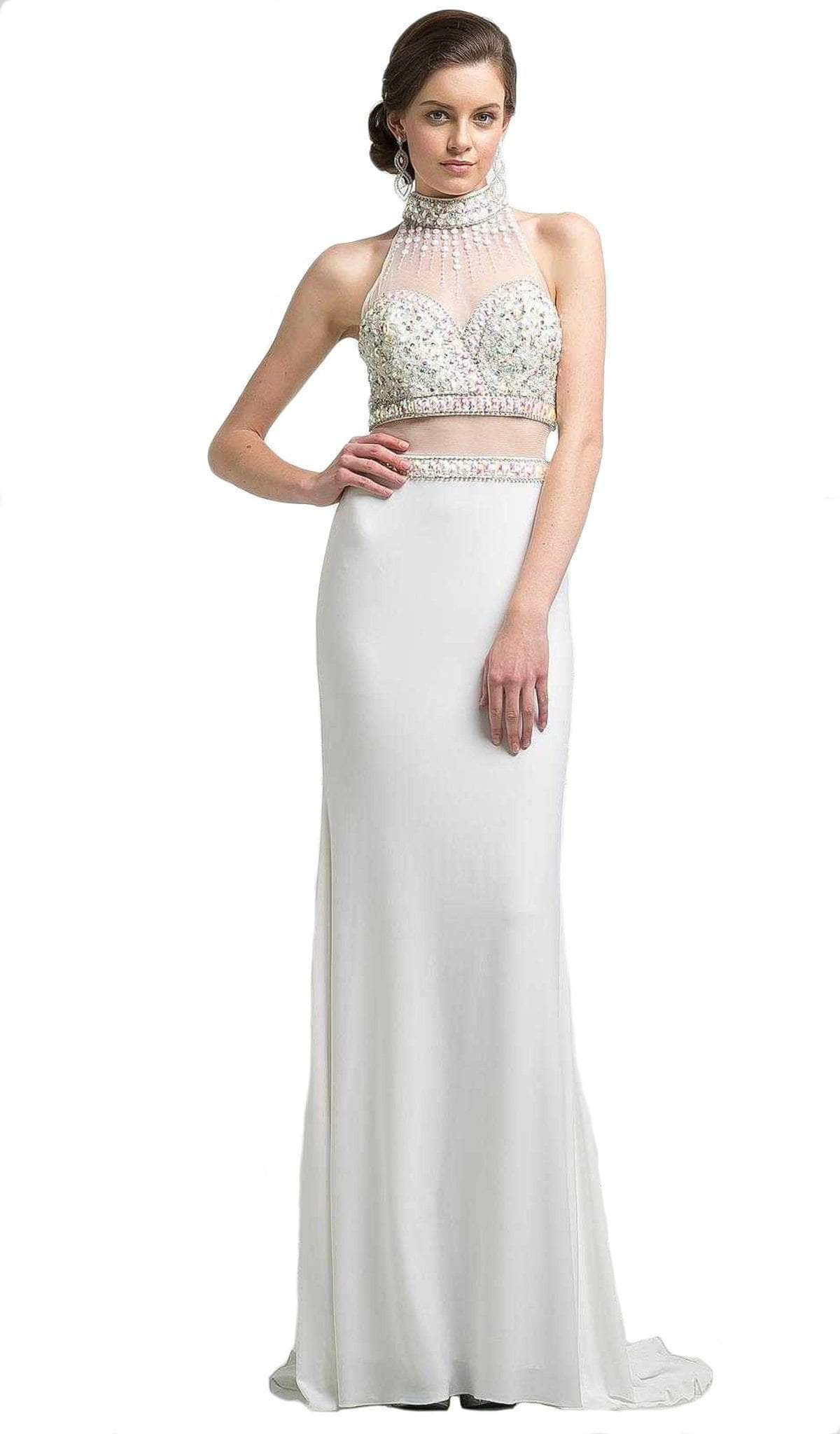 Ladivine KD087 - Beaded High Neck Faux Two-Piece Sheath Long Gown
