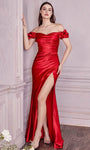 Tall Sophisticated Open-Back Draped Back Zipper Pleated Ruched Slit Gathered Sheath Off the Shoulder Natural Waistline Sheath Dress/Prom Dress with a Brush/Sweep Train With Ruffles