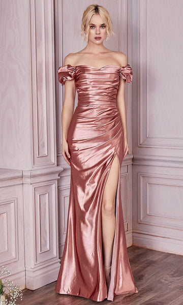 Tall Sophisticated Natural Waistline Off the Shoulder Sheath Slit Pleated Ruched Open-Back Back Zipper Draped Gathered Sheath Dress/Prom Dress with a Brush/Sweep Train With Ruffles