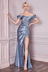 Satin Sweetheart Ruched Fitted Slit Gathered Natural Waistline Sheath Cap Sleeves Off the Shoulder Sheath Dress with a Brush/Sweep Train With Ruffles