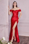 Natural Waistline Cap Sleeves Off the Shoulder Sweetheart Satin Sheath Fitted Ruched Slit Gathered Sheath Dress with a Brush/Sweep Train With Ruffles