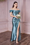 Slit Ruched Fitted Gathered Natural Waistline Cap Sleeves Off the Shoulder Sheath Sweetheart Satin Sheath Dress with a Brush/Sweep Train With Ruffles