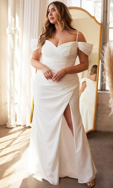 Plus Size V-neck Natural Waistline Sweetheart Cold Shoulder Sleeves Off the Shoulder Spaghetti Strap Crepe Pleated Open-Back Slit Back Zipper Asymmetric Mermaid Wedding Dress with a Brush/Sweep Train