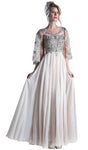 Sophisticated A-line Floor Length Scoop Neck Sheer Shirred Applique Beaded Tiered Natural Waistline Mother-of-the-Bride Dress