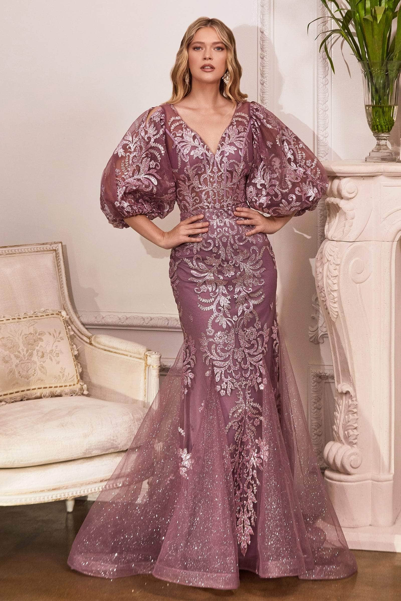 Ladivine OC009 - Glitter Print V-neck Long Gown
