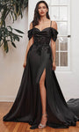 A-line Off the Shoulder Spaghetti Strap Embroidered Slit Applique Goddess Sheer Draped Beaded Glittering Natural Waistline Prom Dress with a Brush/Sweep Train