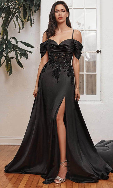 A-line Off the Shoulder Spaghetti Strap Embroidered Beaded Applique Sheer Glittering Goddess Slit Draped Natural Waistline Prom Dress with a Brush/Sweep Train