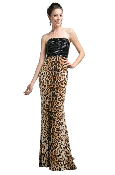 Strapless Straight Neck Sheath Animal Cheetah Leopard Print Beaded Fitted Natural Waistline Sheath Dress with a Brush/Sweep Train