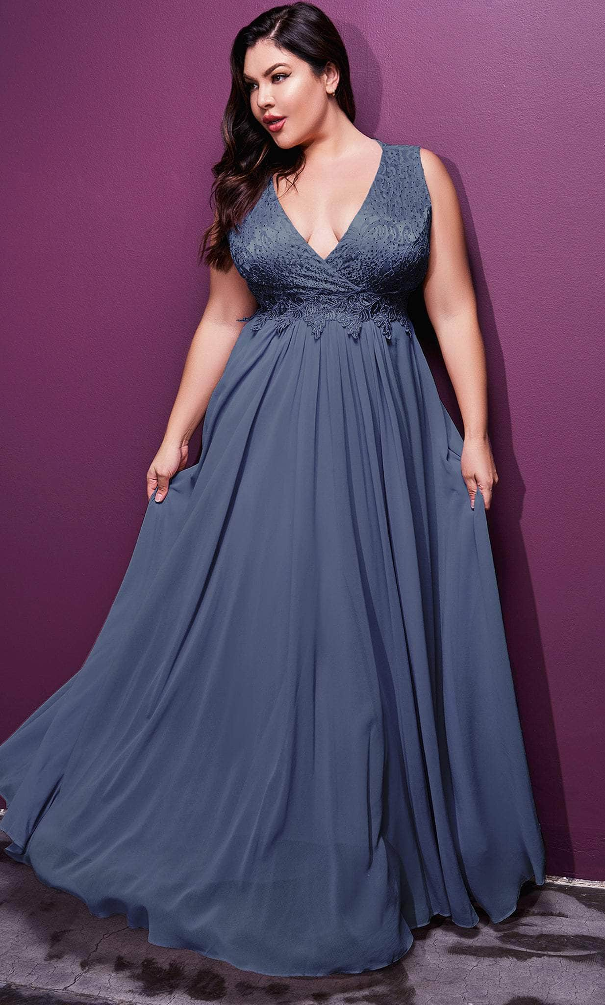 Ladivine S7201 - Lace Appliqued V-Neck Evening Gown
