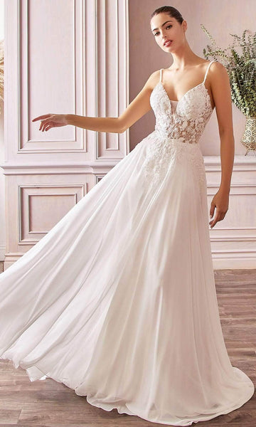 A-line V-neck Plunging Neck Natural Waistline Spaghetti Strap Beaded Back Zipper Applique Open-Back Illusion Sheer Embroidered Floral Print Chiffon Wedding Dress with a Brush/Sweep Train