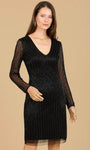 V-neck Beaded Back Zipper Sheer Fitted Long Sleeves Sheath Cocktail Short Natural Waistline Sheath Dress