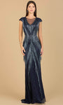 V-neck Floor Length Natural Waistline Sheath Sheer Beaded Illusion Back Zipper Cap Sleeves Sheath Dress/Evening Dress with a Brush/Sweep Train