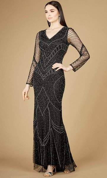 V-neck Natural Waistline Long Sleeves Tulle Sheath Floor Length Sheath Dress/Evening Dress