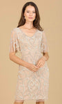 Modest V-neck Natural Waistline Cocktail Short Sheath Flutter Short Sleeves Sleeves Fitted Back Zipper Sheer Beaded Sheath Dress With Pearls