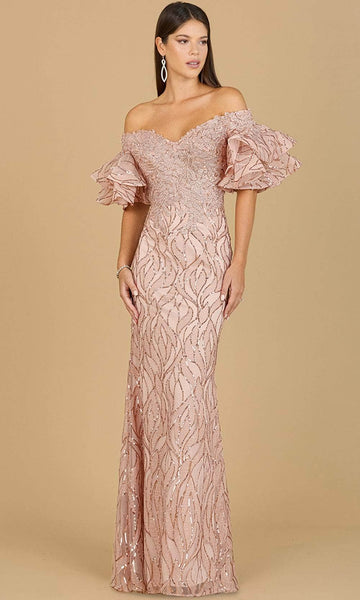 V-neck Mermaid Natural Waistline Applique Tiered Beaded Fitted Open-Back Back Zipper Floor Length Short Sleeves Sleeves Off the Shoulder Evening Dress with a Brush/Sweep Train