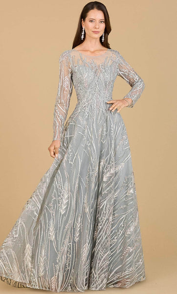 Sophisticated A-line General Print Embroidered Illusion Back Zipper Sheer Long Sleeves Natural Waistline Bateau Neck Lace Floor Length Evening Dress