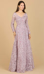 A-line V-neck Embroidered Back Zipper Long Sleeves Floor Length Natural Waistline Floral Print Prom Dress/Party Dress