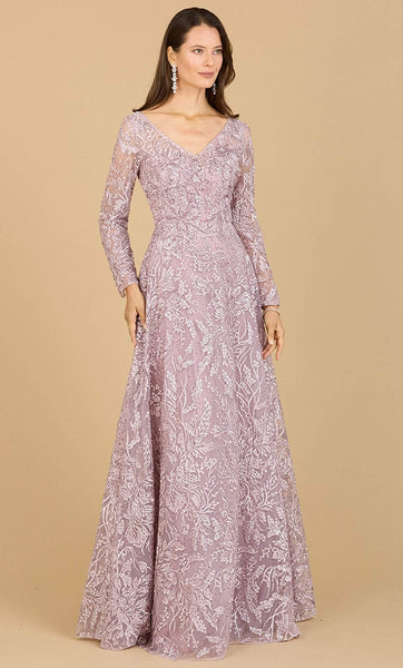 A-line V-neck Natural Waistline Floral Print Long Sleeves Floor Length Back Zipper Embroidered Prom Dress/Party Dress