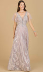 A-line V-neck Lace Cap Sleeves Natural Waistline Back Zipper Glittering Applique Beaded Open-Back Sheer Floor Length Evening Dress