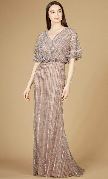 Sophisticated A-line V-neck Back Zipper Beaded Lace Geometric Print Natural Waistline Evening Dress