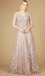 V-neck Floor Length Lace Natural Waistline Long Sleeves Sheer Back Zipper Dress with a Brush/Sweep Train