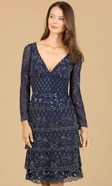 Sophisticated Modest A-line V-neck General Print Long Sleeves Cocktail Above the Knee Empire Natural Waistline Back Zipper Beaded Tiered Sheer Fitted Sheath Sheath Dress