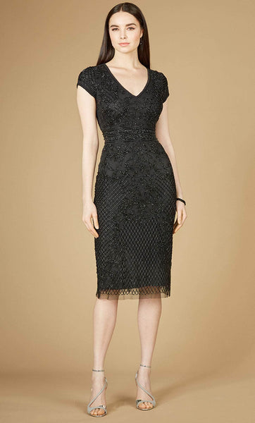 V-neck Sheath Above the Knee Cap Sleeves Natural Waistline Beaded Back Zipper Sheath Dress