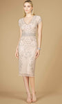 V-neck Beaded Back Zipper Natural Waistline Above the Knee Sheath Cap Sleeves Sheath Dress